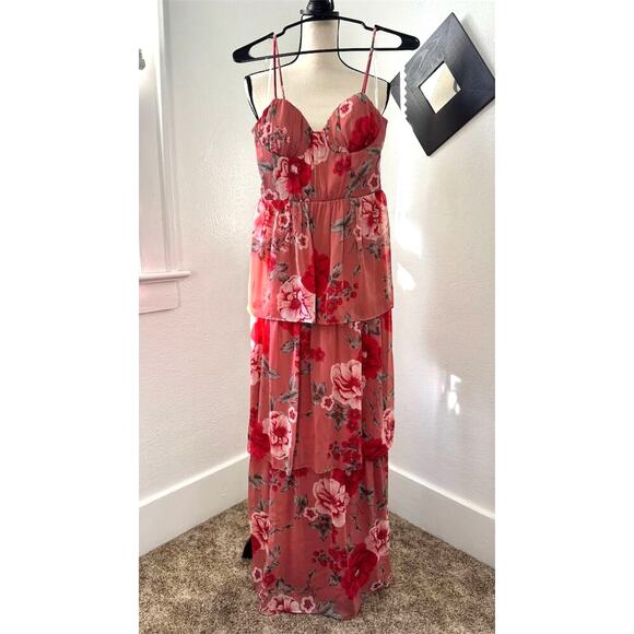 NWOT Crystal Doll Pink Floral Tiered Maxi Dress Size 1 or Womens XXS - Picture 1 of 9